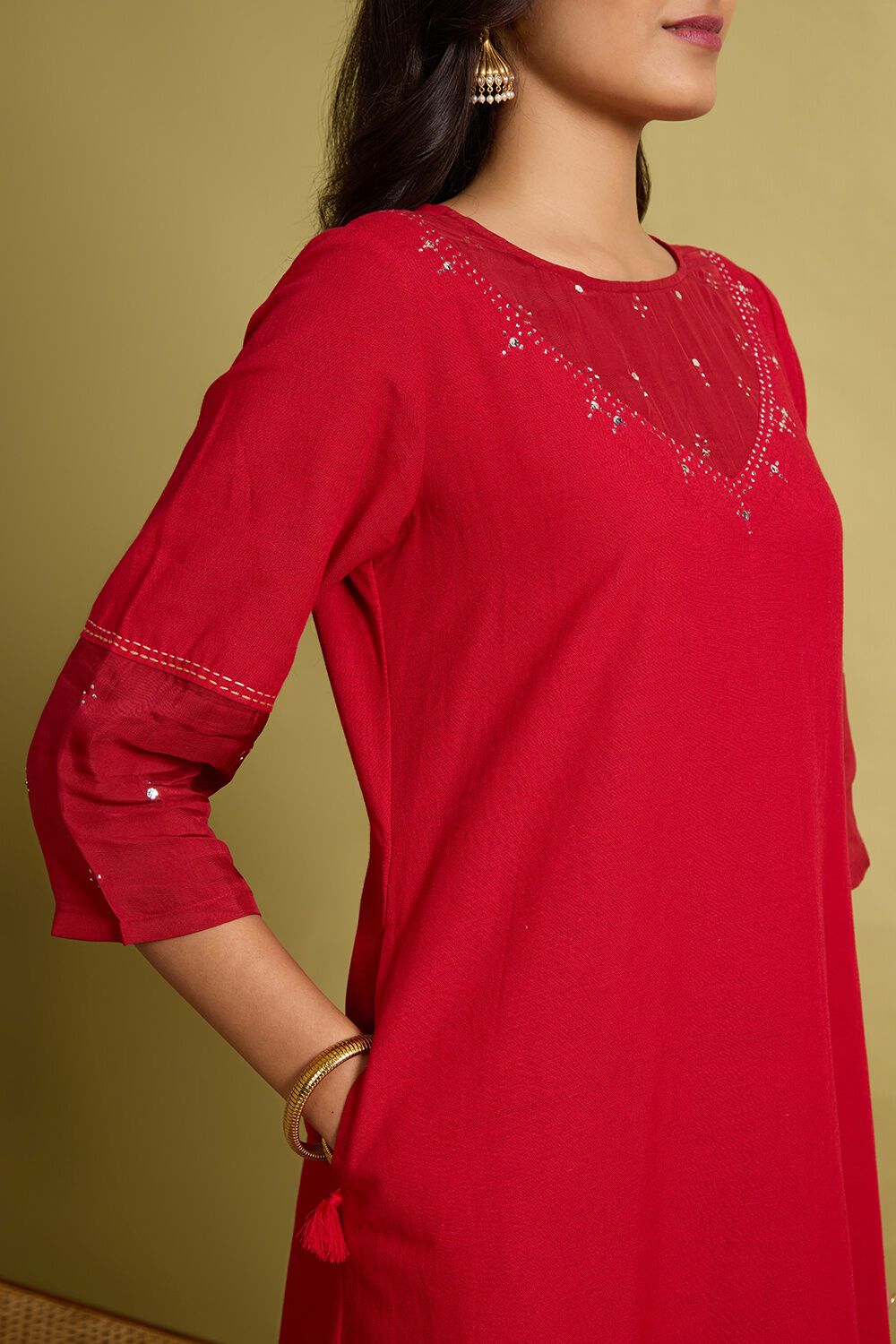 Red Cotton Viscose Mukaish Kurta image number null