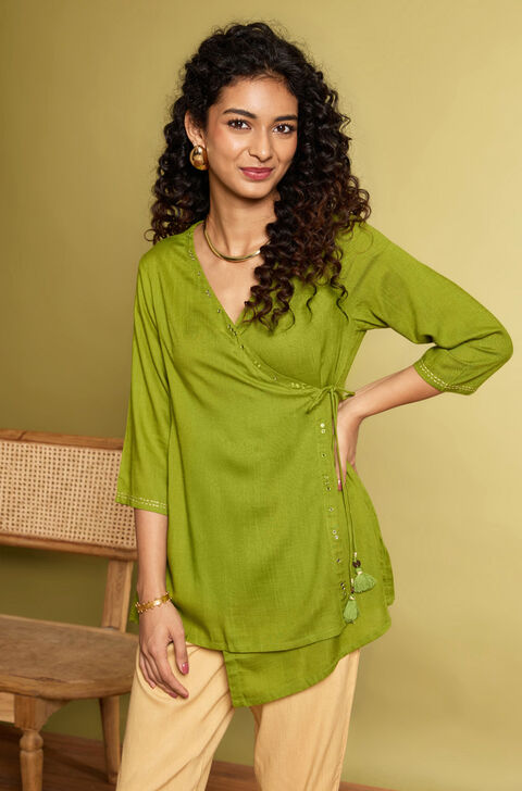 Dark Green Viscose Embroidered Short Top