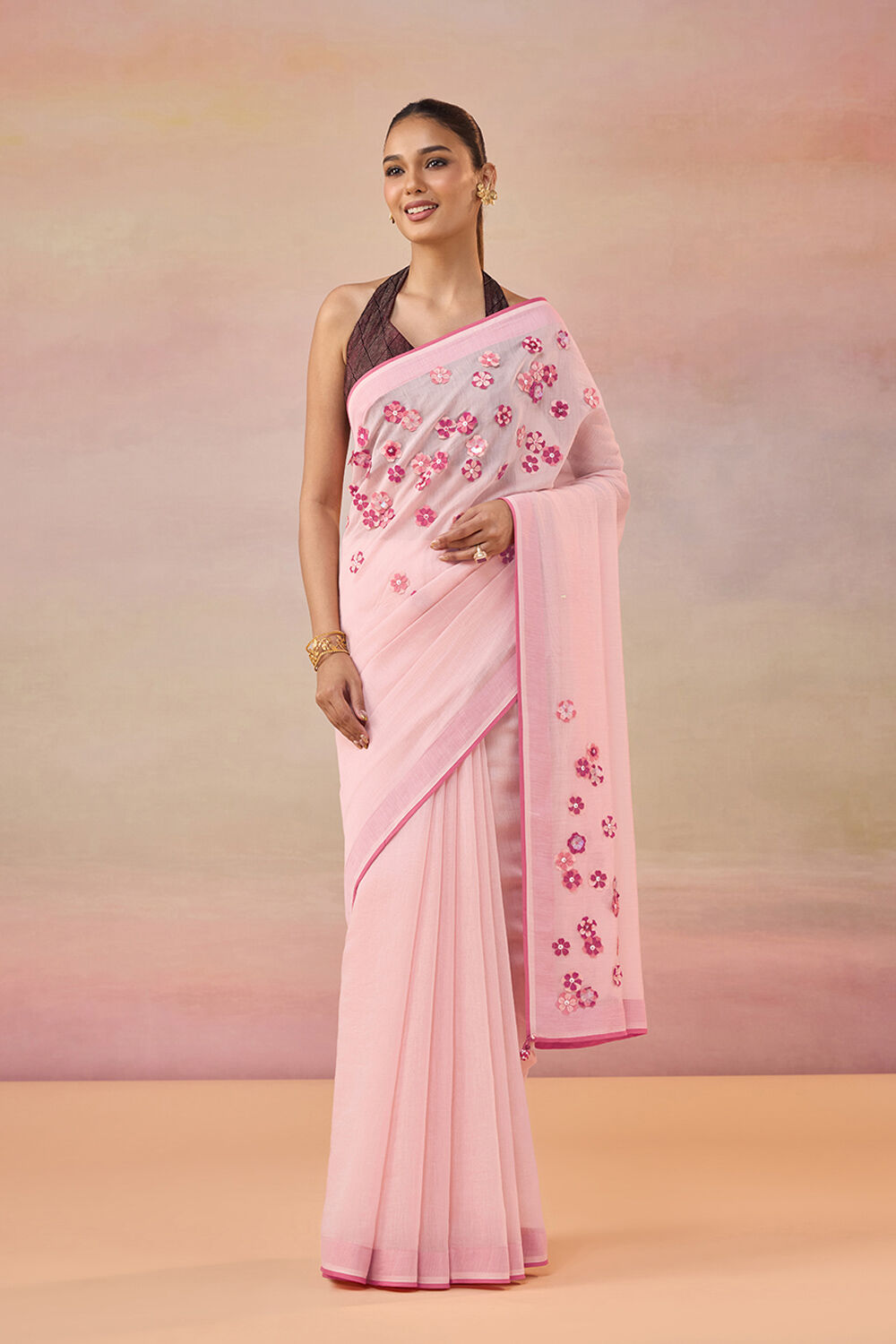 Light Pink Pure Silk Cotton Applique Embroidered Saree image number null
