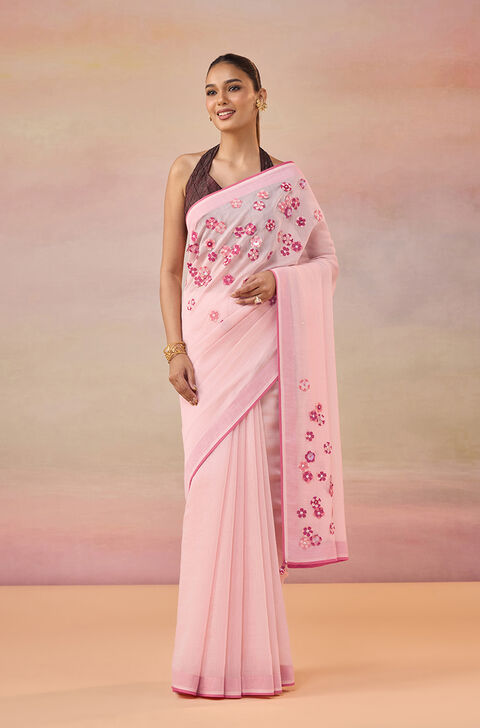 Light Pink Pure Silk Cotton Applique Embroidered Saree