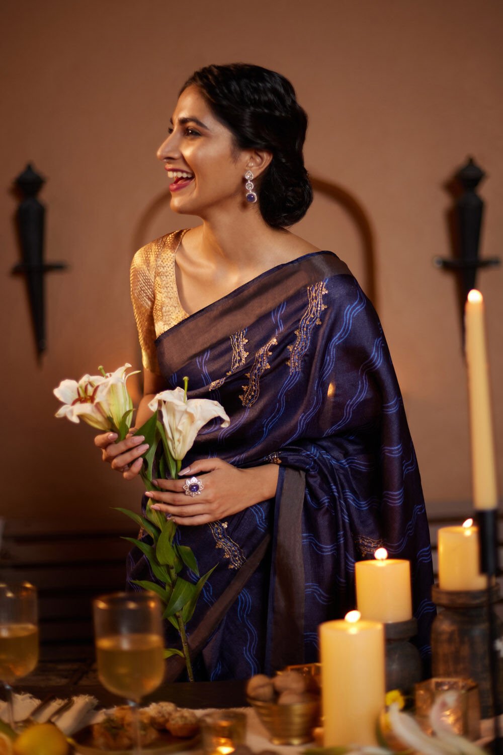 Dark Blue Contemporary Pure Tussar Silk Hand Painted Saree image number null