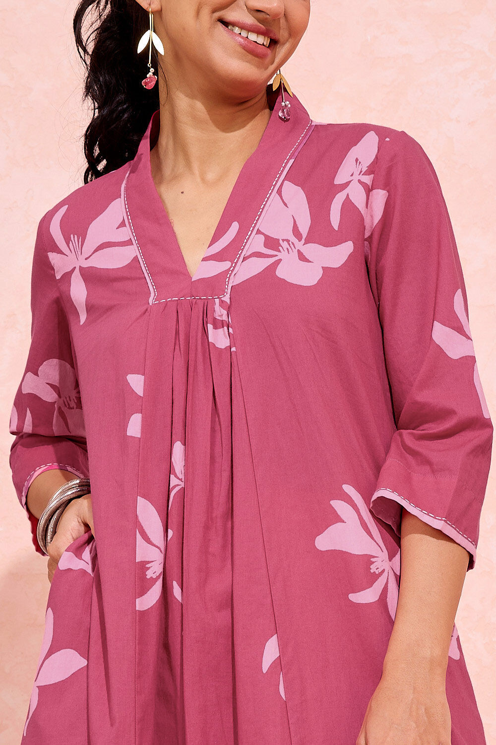 Dark Pink Screen Printed Pure Cotton Kurta image number null