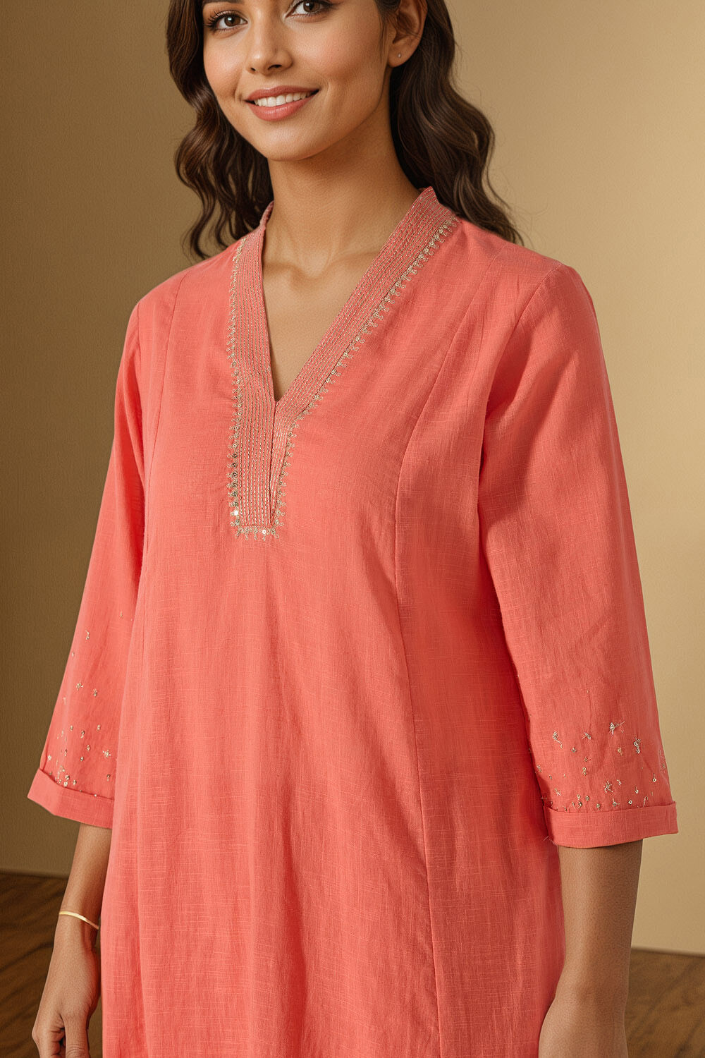 Orange Pure Cotton Embroidered Kurta Set image number null