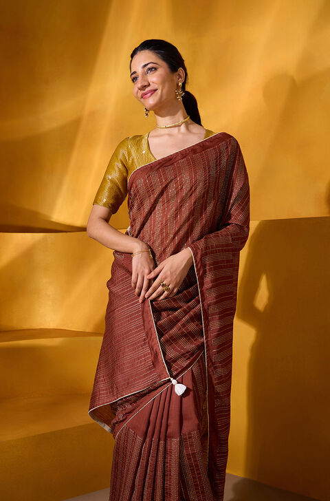 Brown Silk Modal Embroidered Saree