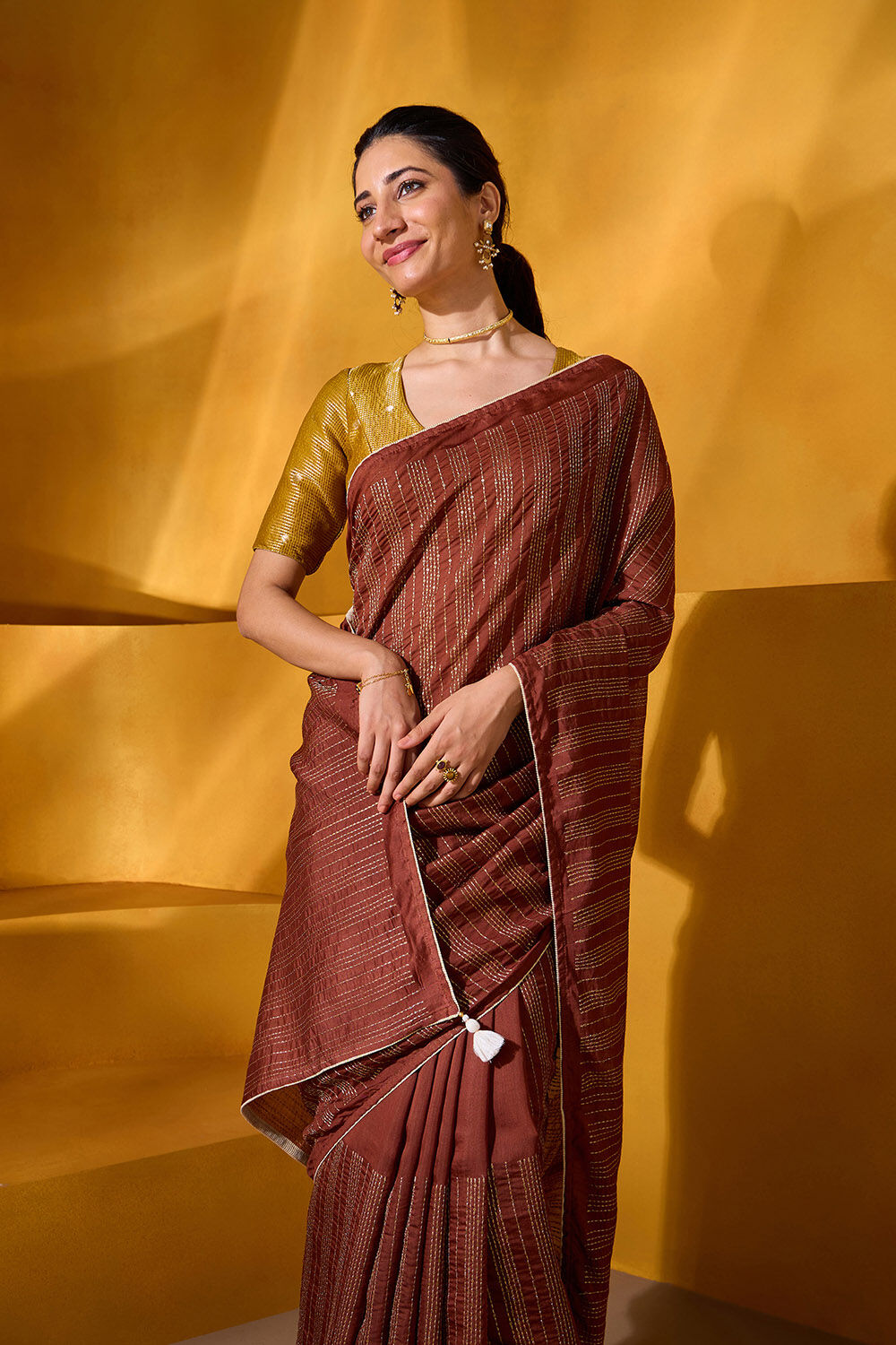 Brown Silk Modal Embroidered Saree image number null