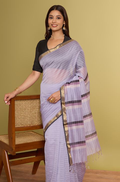 Light Violet Woven Pure Silk Cotton Maheshwari Saree