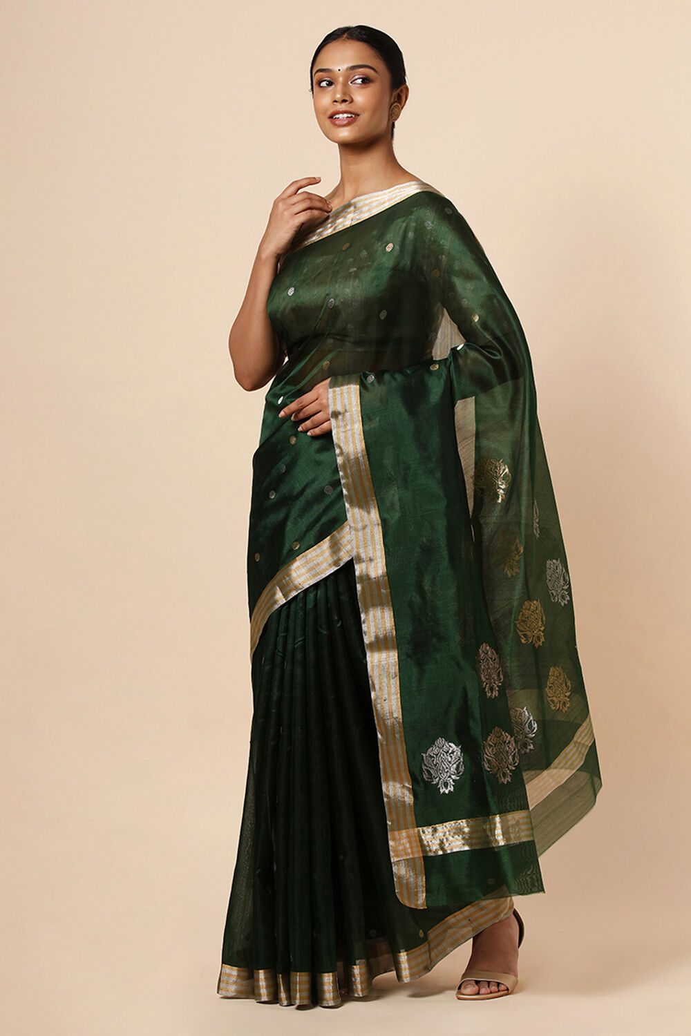 Dark Pure Green Silk Chanderi Saree image number null