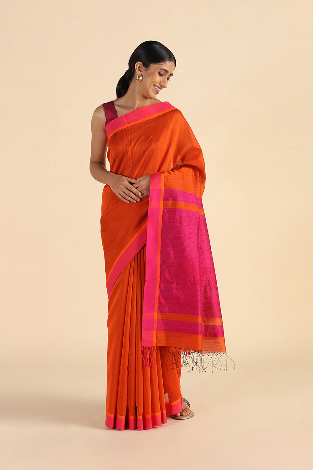 Orange Handwoven Bengal Pure Silk Cotton Saree image number null