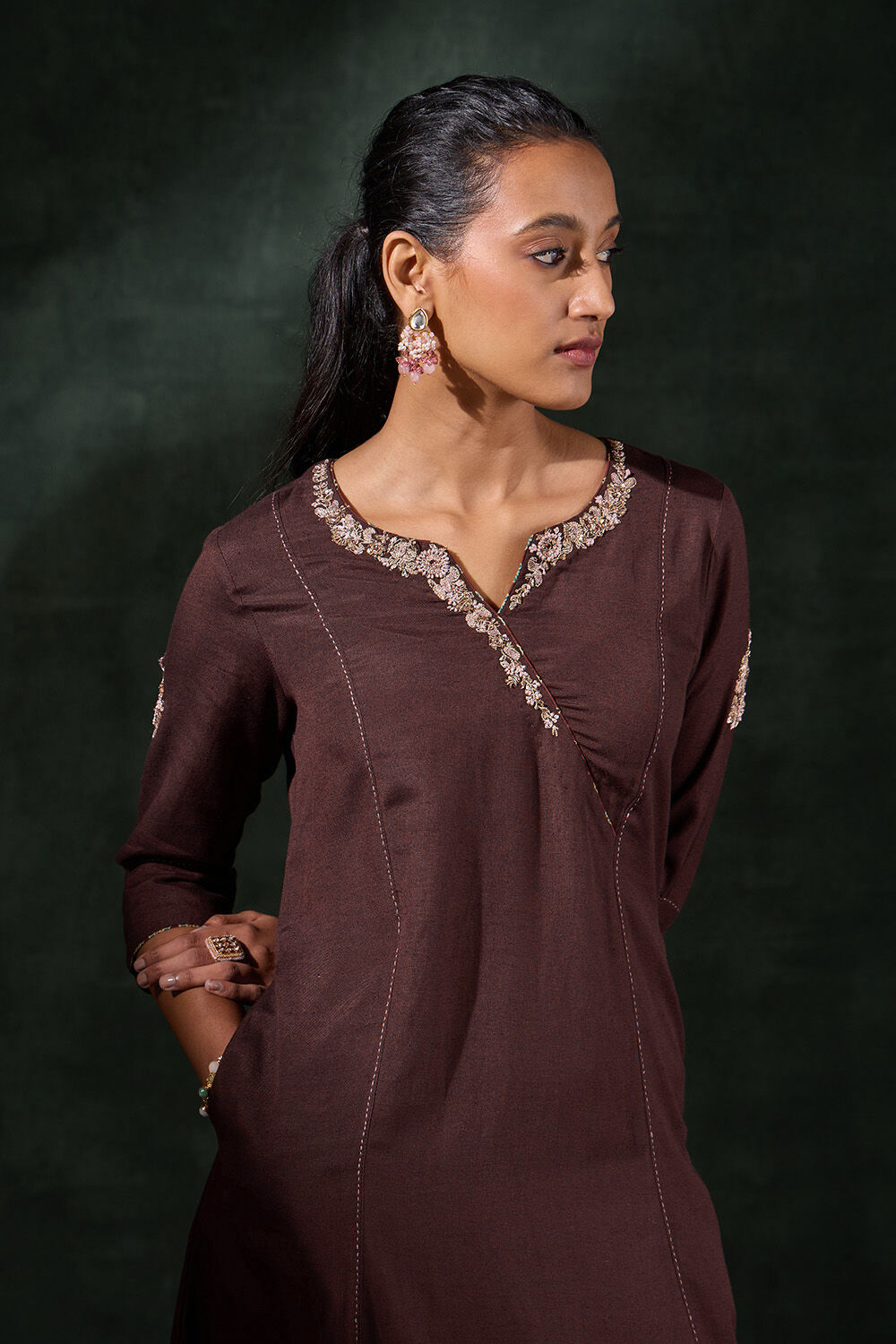 Brown Viscose Embroidered Kurta image number null
