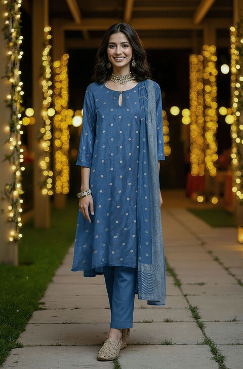 Dark Blue Viscose Woven Kurta Set