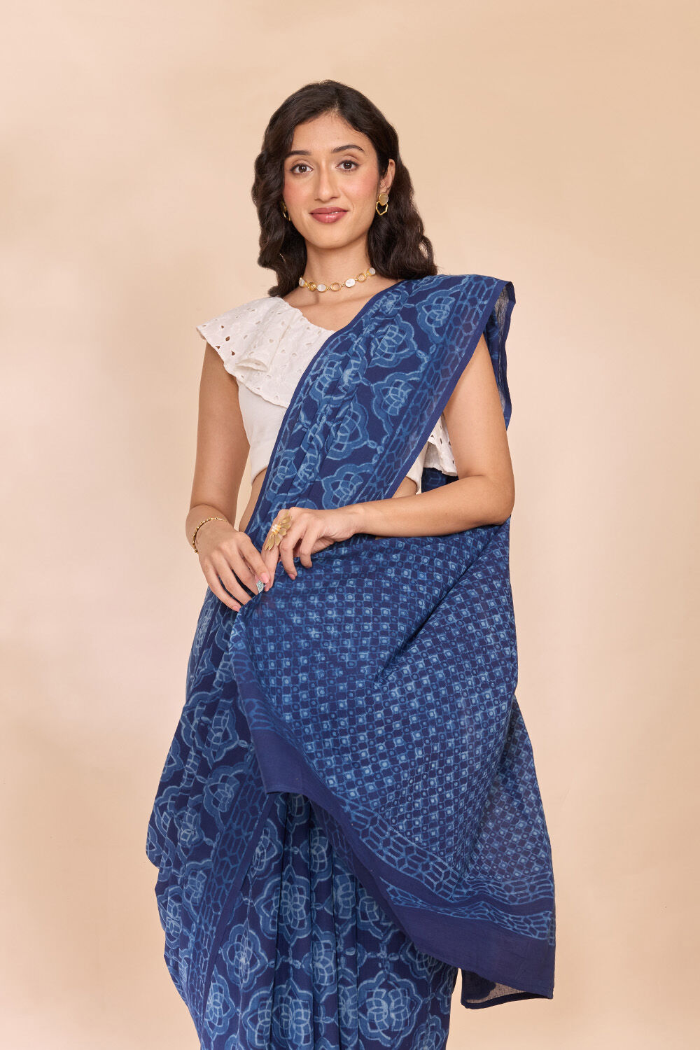 Blue Rajasthan Pure Cotton Dabu Block Printed Saree image number null