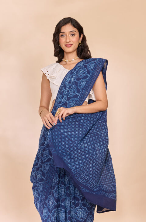 Blue Rajasthan Pure Cotton Dabu Block Printed Saree