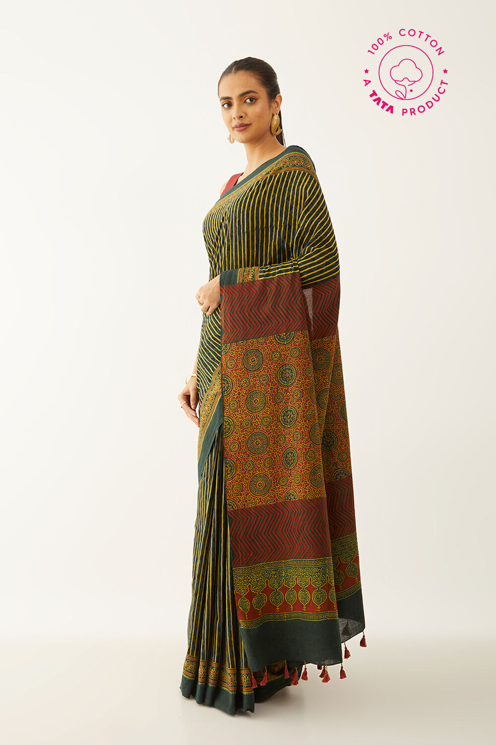Green Pure Cotton Ajrakh Block Print Saree image number null