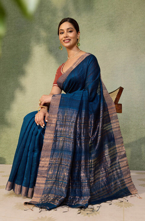 Dark Blue Woven Pure Silk Bengal Saree