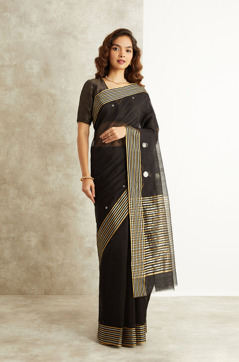 Black Pure Silk Cotton Eknaliya Chanderi Saree