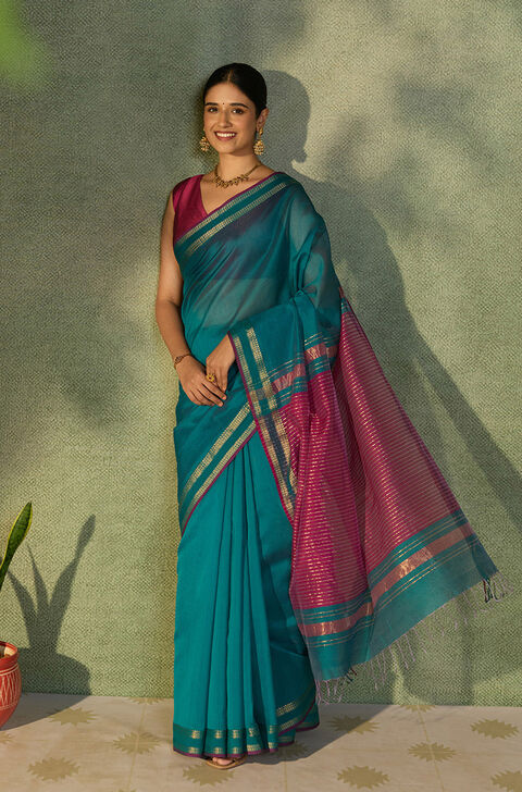 Blue Woven Pure Silk Cotton Maheshwari Saree