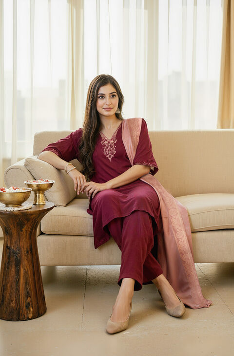 Dark Red Viscose Embroidered Kurta Set