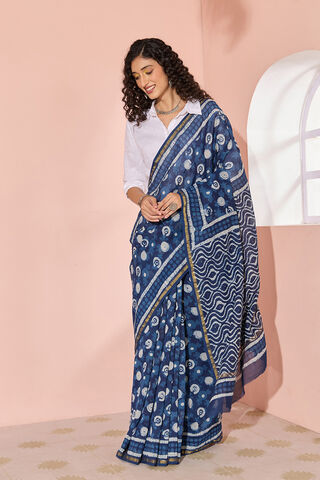 Blue Printed Mukaish Pure Silk Cotton Bagru Saree thumbnail image number null