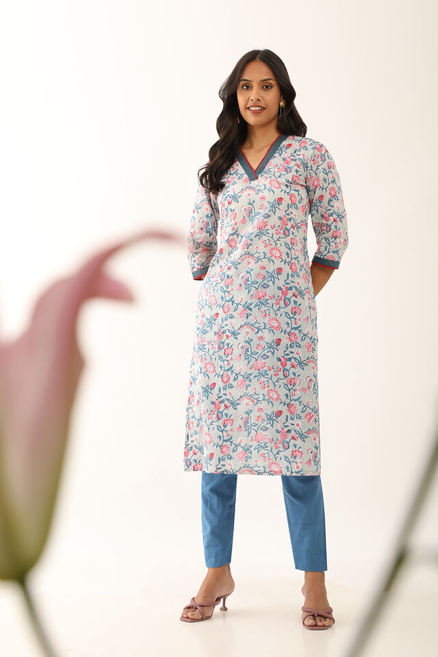 Grey Pure Cotton Block Printed Kurta with Embroidery