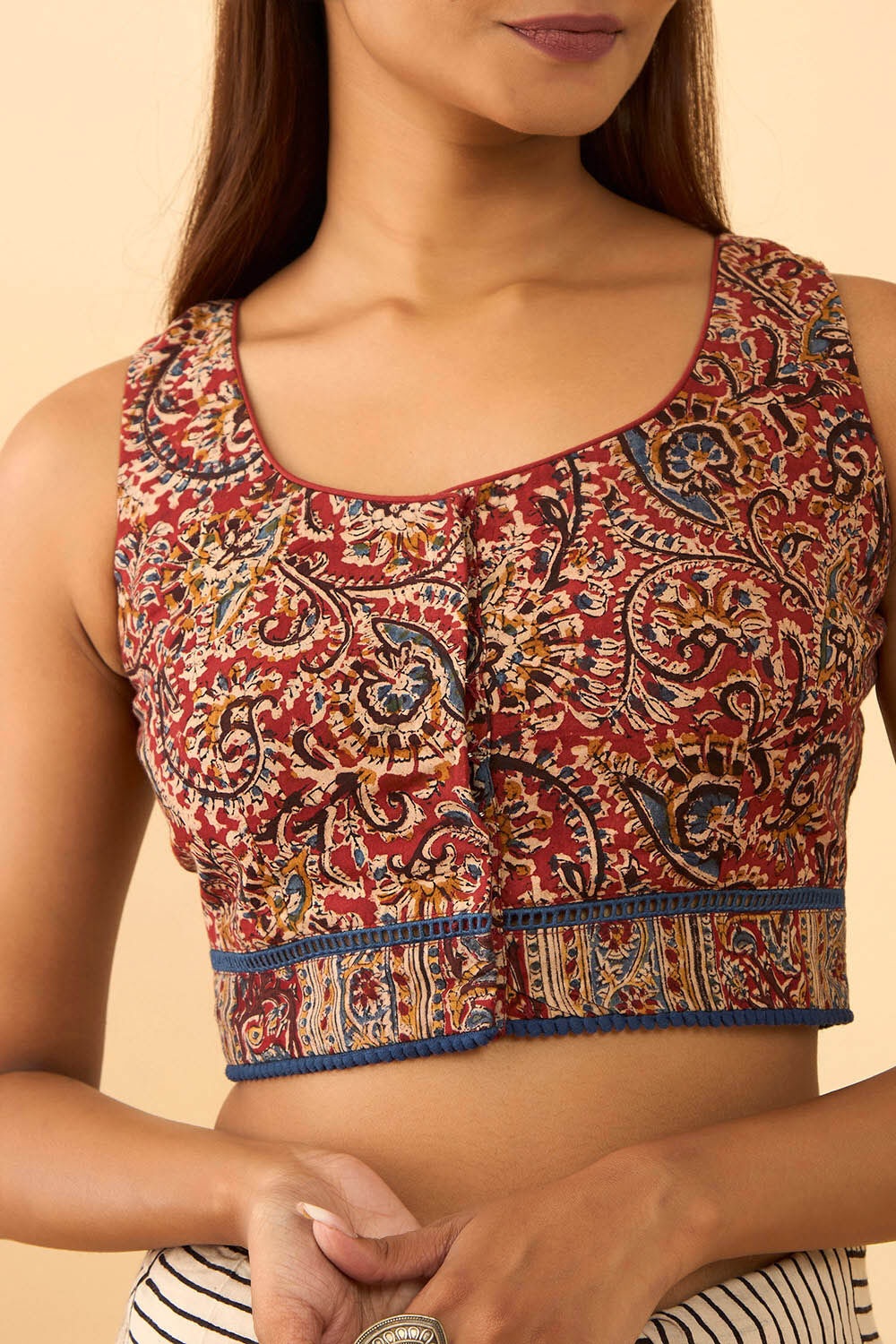 Dark Red Printed Kalamkari Pure Cotton Blouse image number null