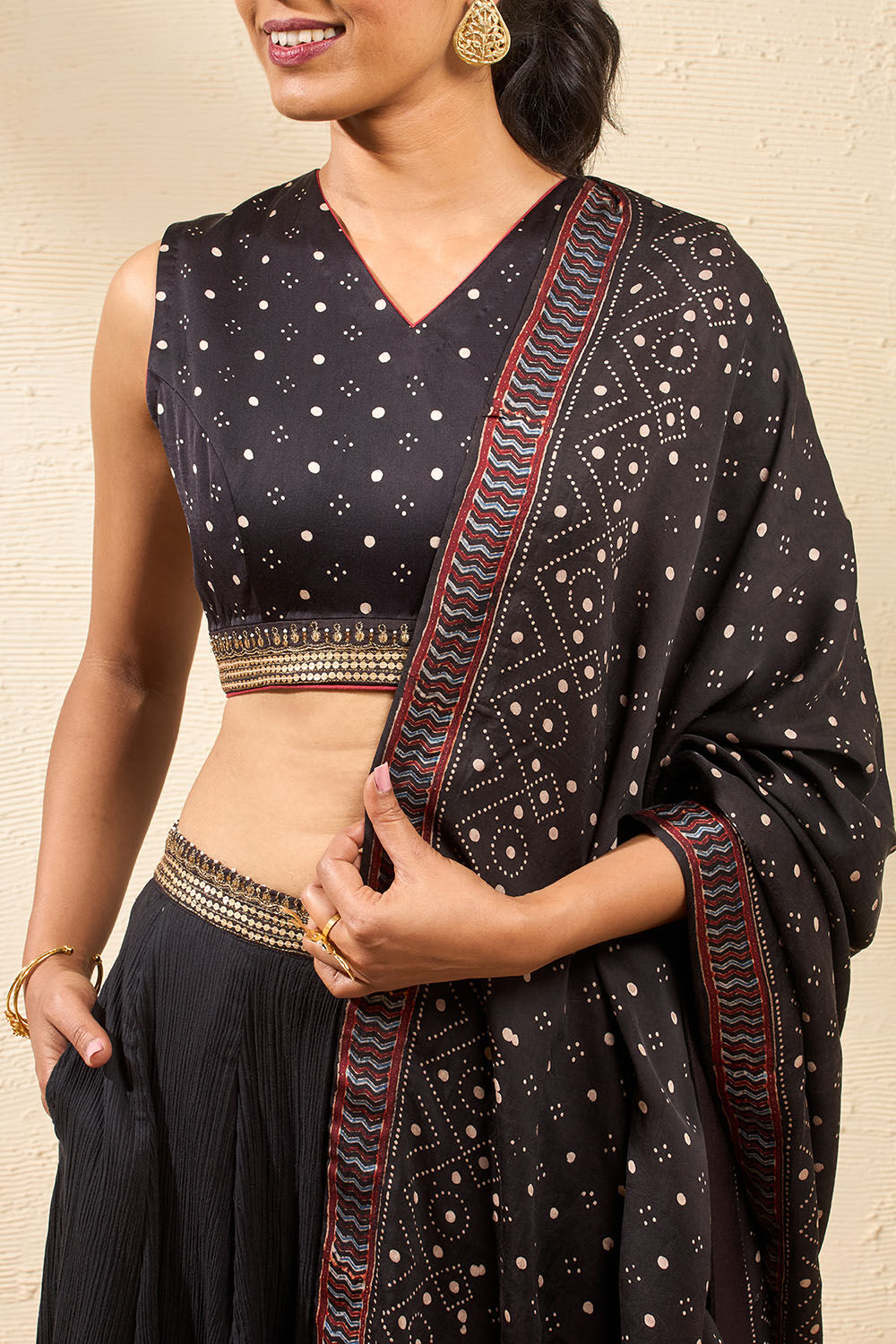 Black Viscose Ajrakh Lehenga image number null