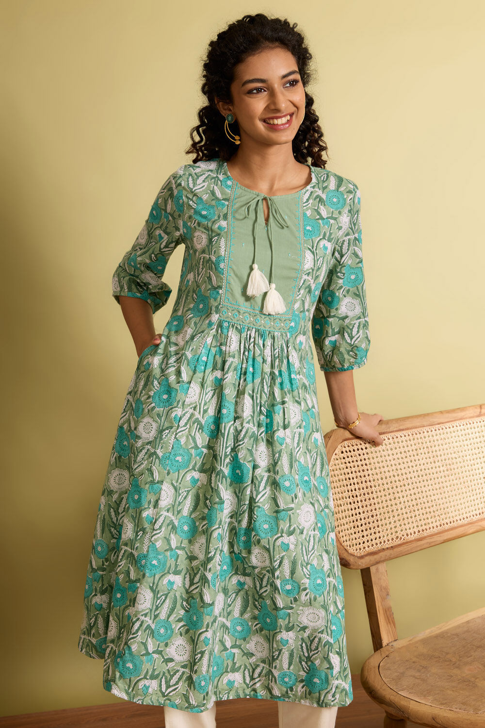 Light Green Printed Embroidery Pure Cotton Kurta image number null