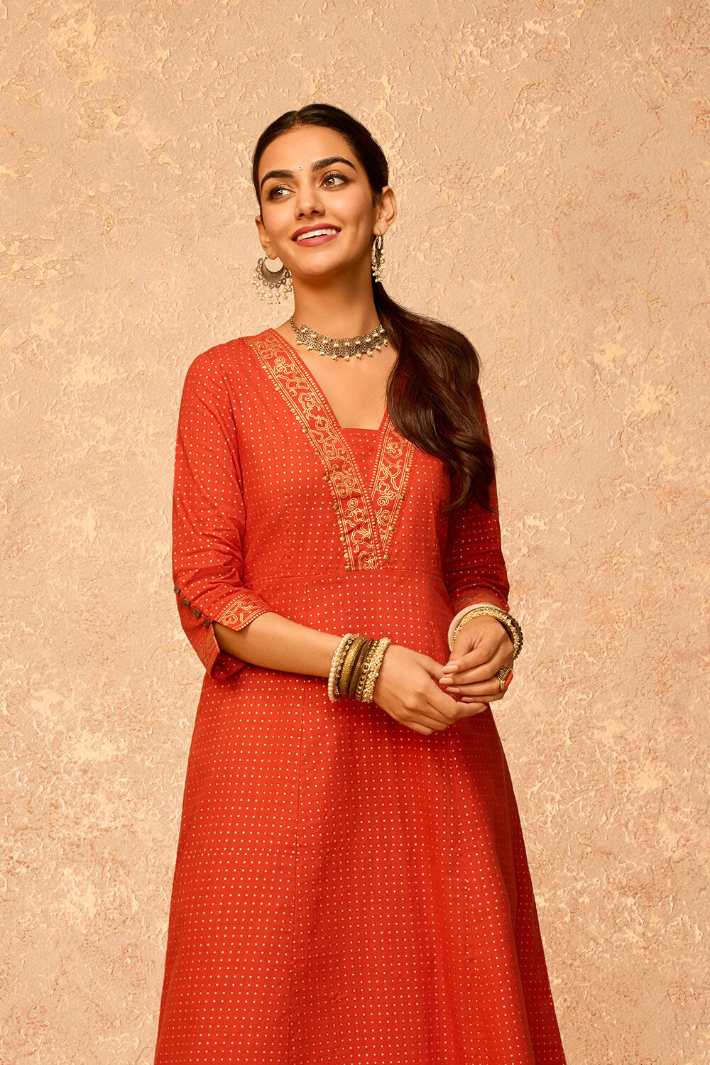 Dark Orange Screen Printed Pure Cotton Kurta image number null