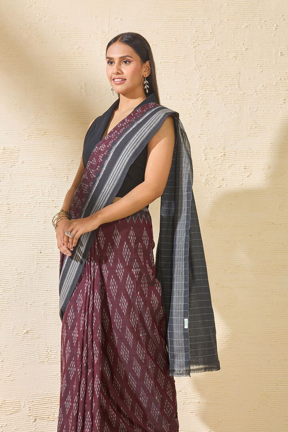 Dark Red Odisha Pure Cotton Ikat Saree image number null