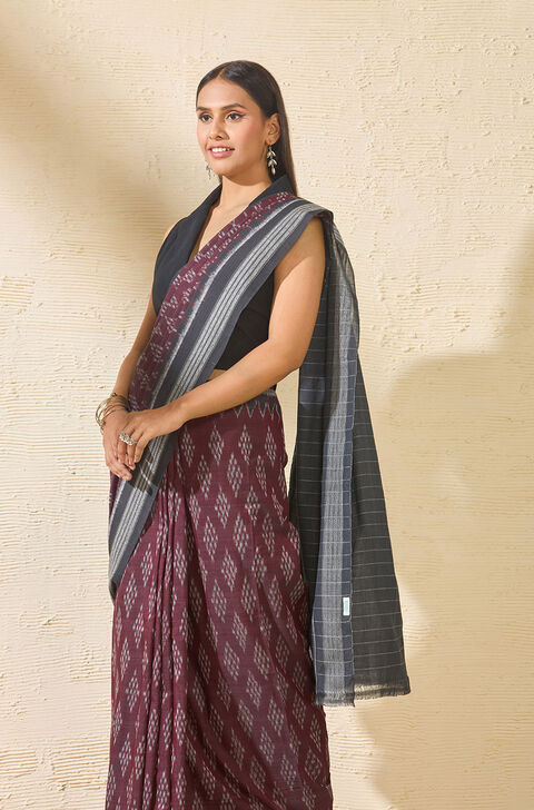 Dark Red Odisha Pure Cotton Ikat Saree
