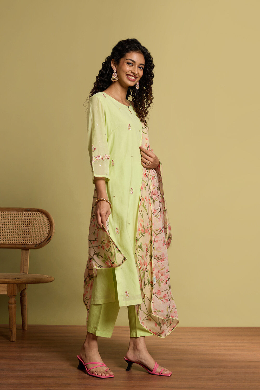 Light Green Pure Cotton Embroidered Kurta Set image number null