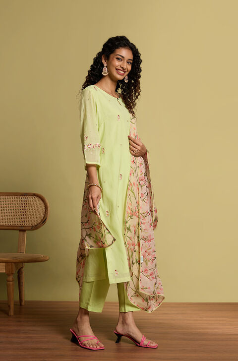 Light Green Pure Cotton Embroidered Kurta Set
