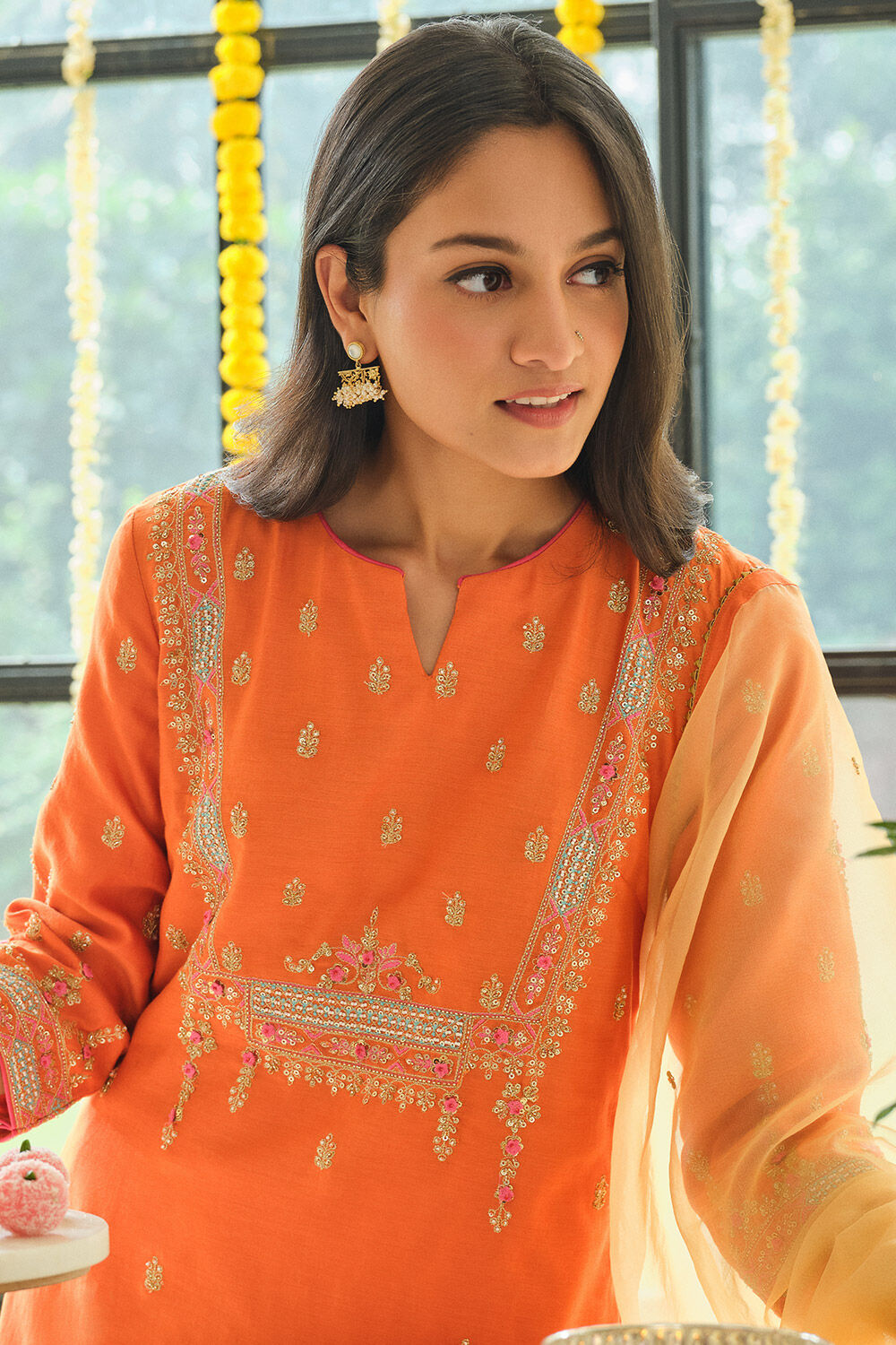Orange Embroidered Silk Cotton Kurta Set image number null