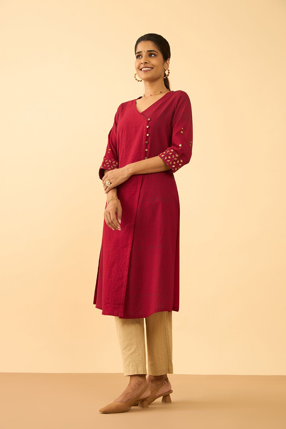 Dark Red Screen Printed Pure Cotton Kurta image number null