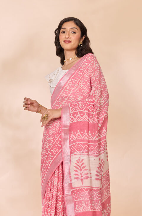 Pink Bagru Viscose Cotton Dabu Block Printed Saree