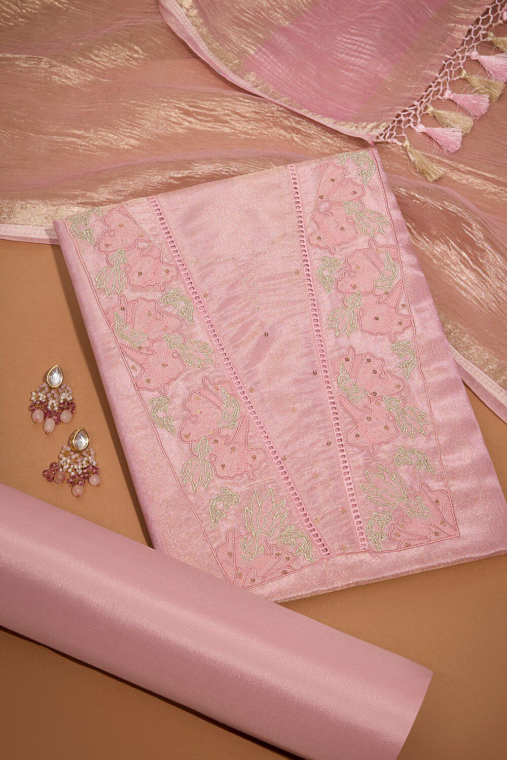 Pink Viscose Tissue Embroidered Unstitched Suit Set image number null