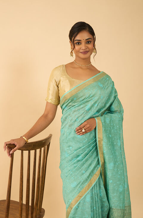 Light Green Bhagalpur Pure Silk Linen Embroidered Saree