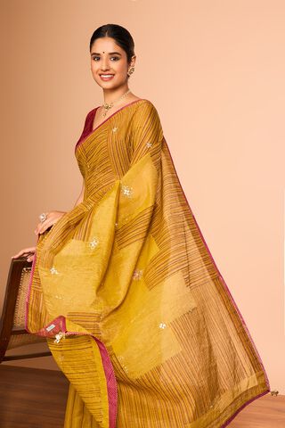 Yellow Pure Tissue Cotton Printed Embroidered Saree image number