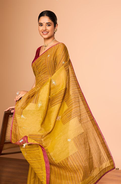 Yellow Pure Tissue Cotton Printed Embroidered Saree