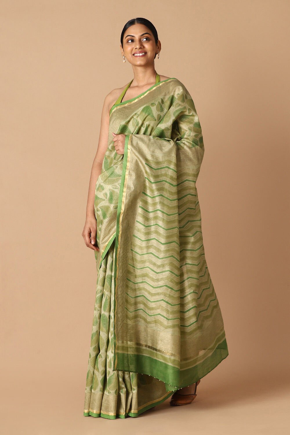 Beige and Green Pure Silk Cotton Hand Printed Saree image number null