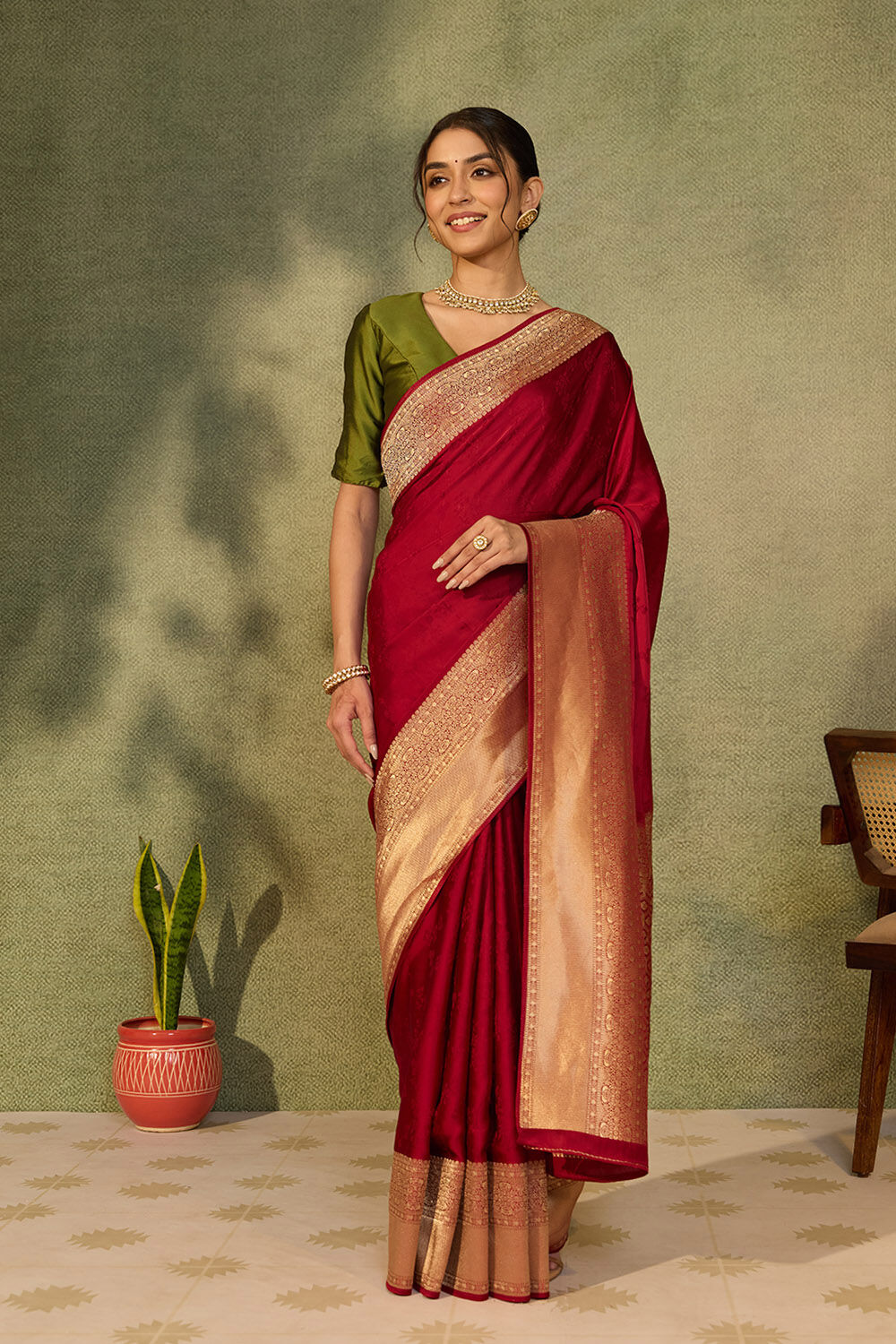 Red Viscose Satin Woven Saree image number null