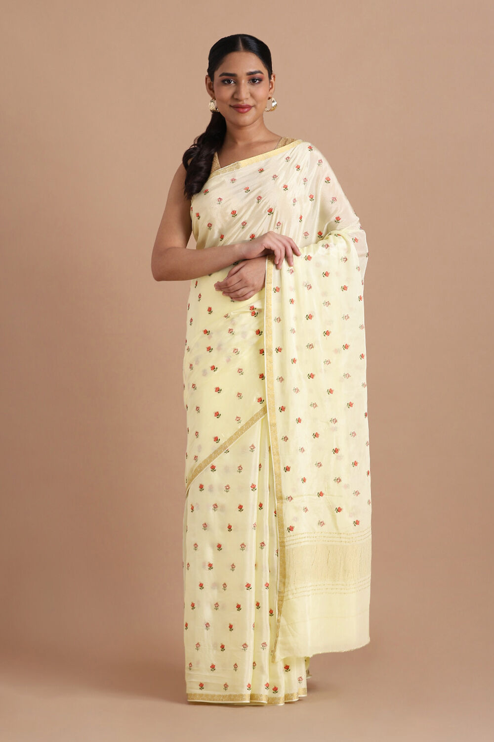 Light Pure Yellow Viscose Embroidered Saree image number null