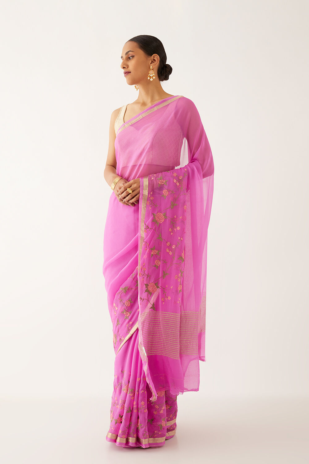 Pink Pure Chiffon Embroidered Saree image number null