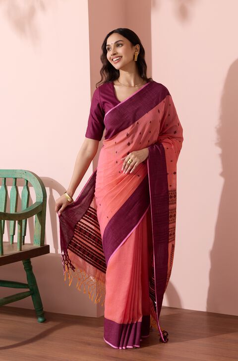 Light Pink Woven Pure Cotton Bengal Saree
