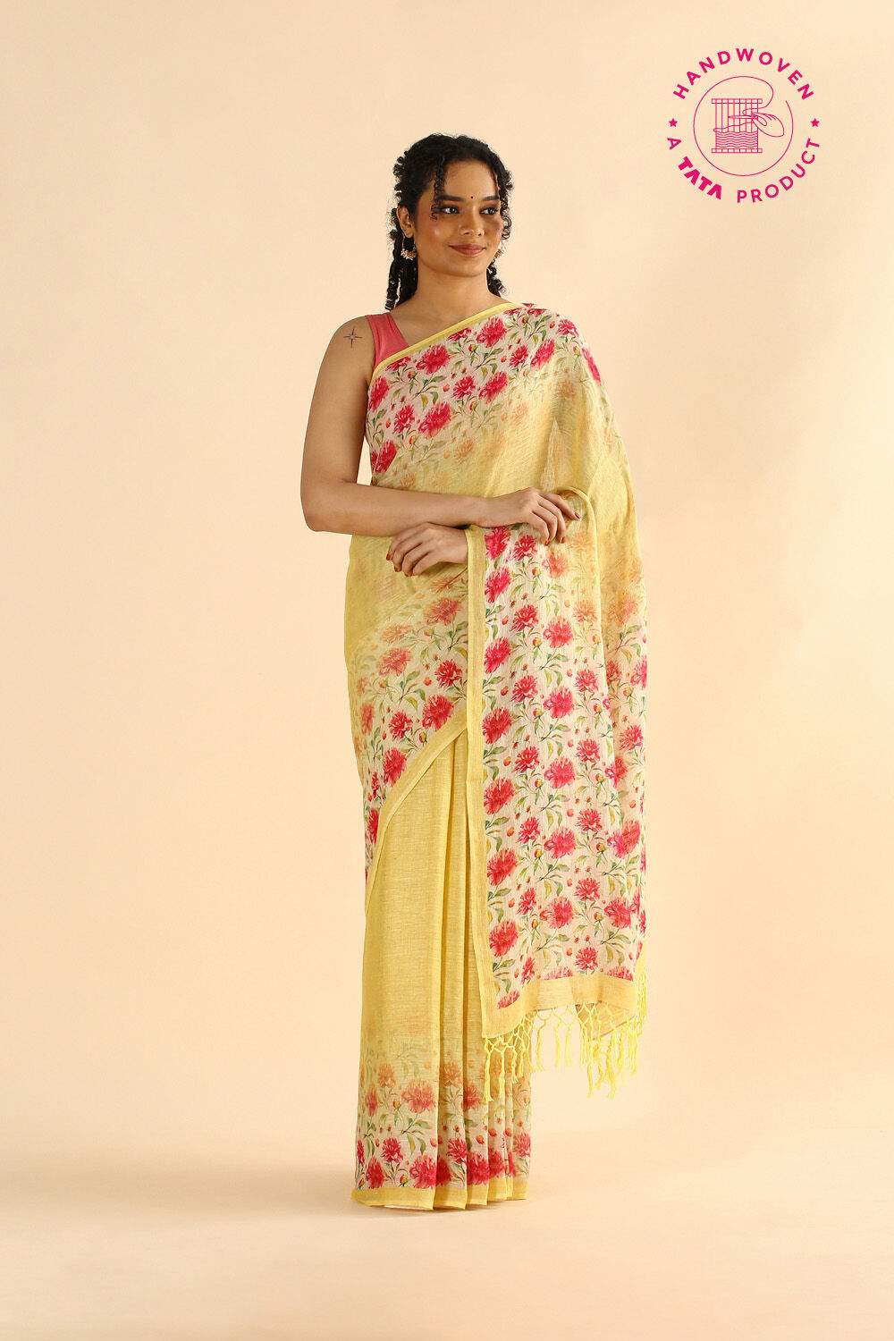 Light Yellow Pure Linen Digital Printed Saree image number null