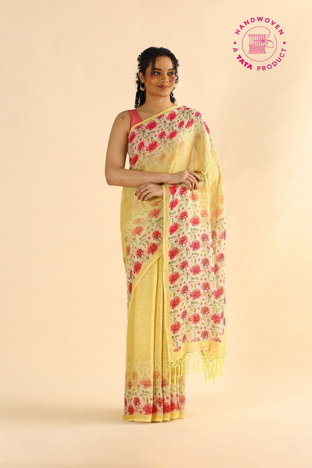 Light Yellow Pure Linen Digital Printed Saree image number null