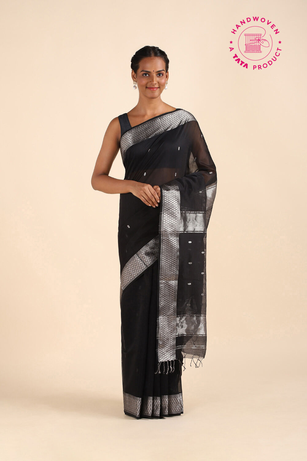 Black Pure Silk Cotton Maheswari Saree image number null