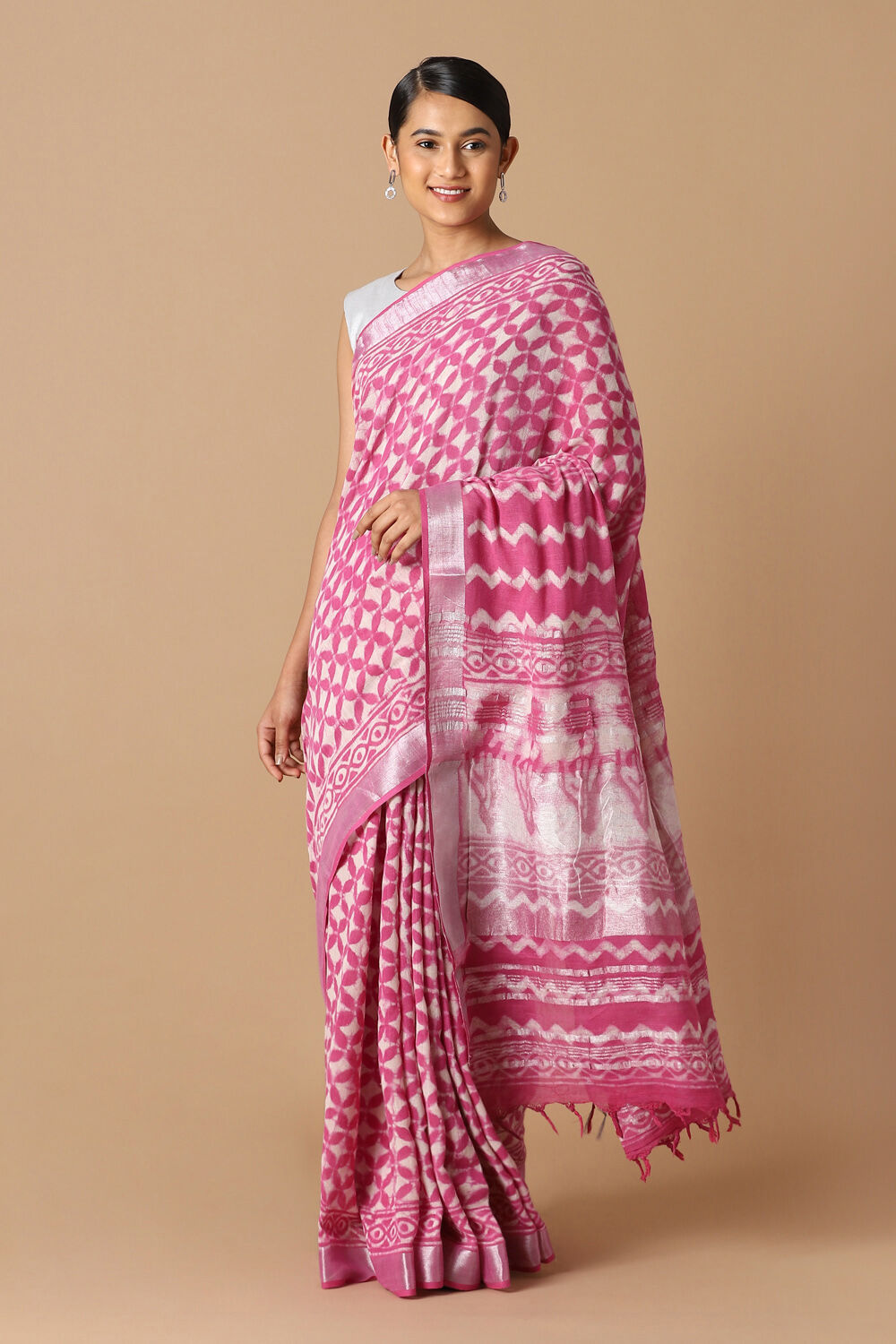 Pink Pure Cotton Linen Bagru Printed Saree image number null