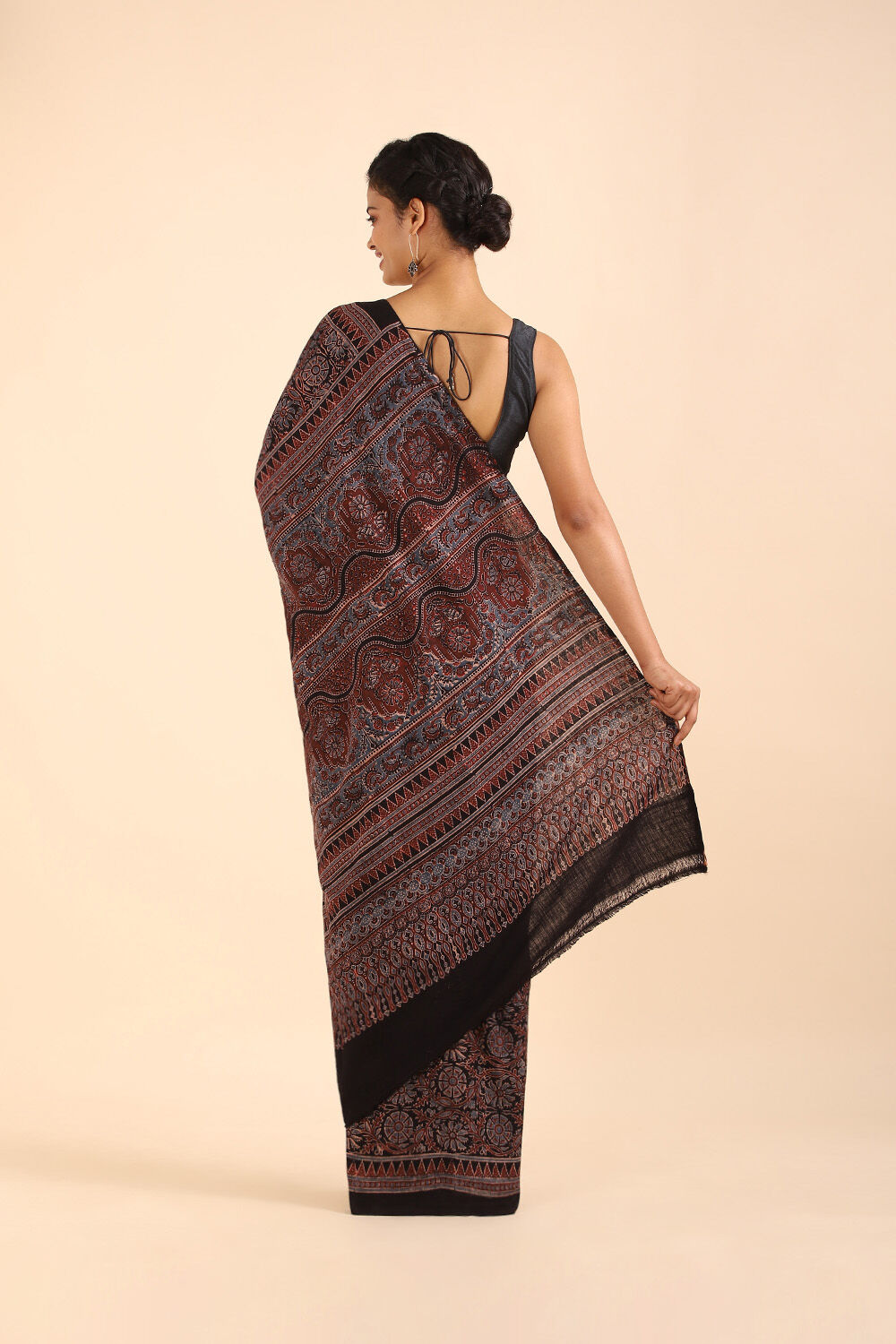 Black Pure Khadi Cotton Ajrakh Printed Saree image number null