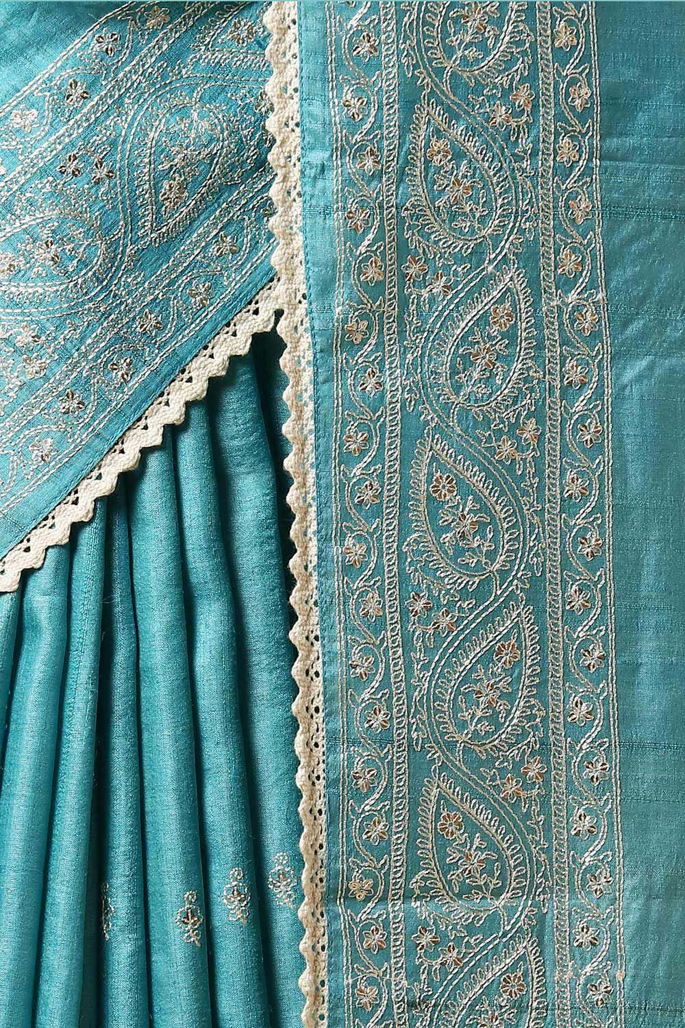 Light Pure Blue Tussar Embroidered Saree image number null