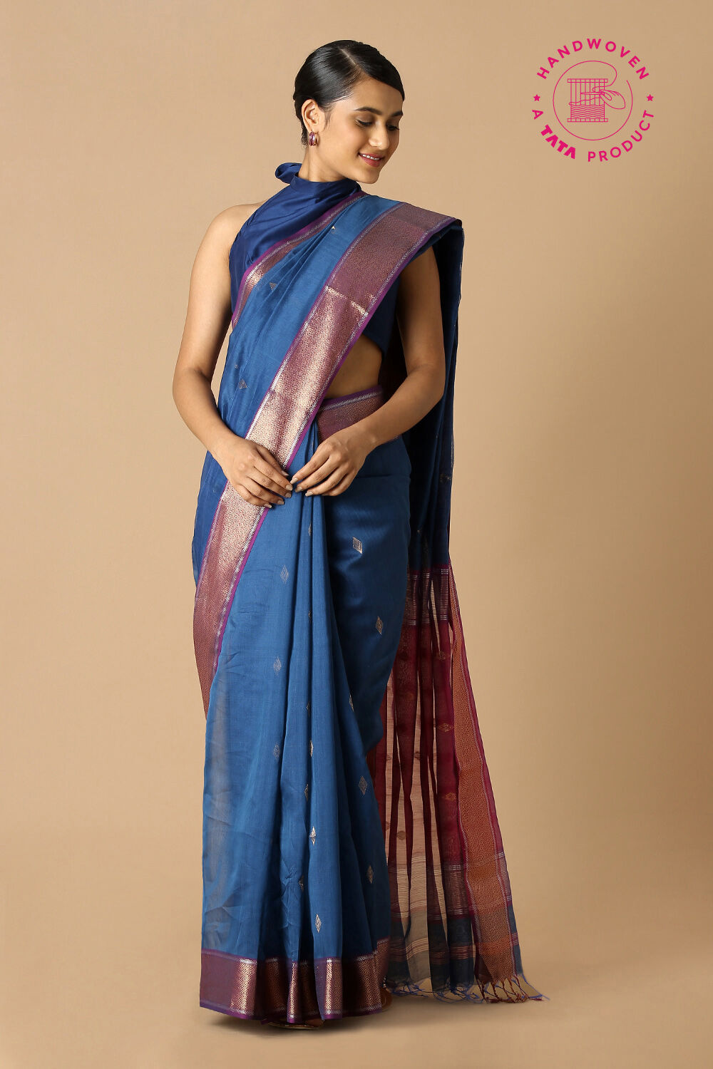 Dark Blue Pure Silk Cotton Maheswari Saree image number null
